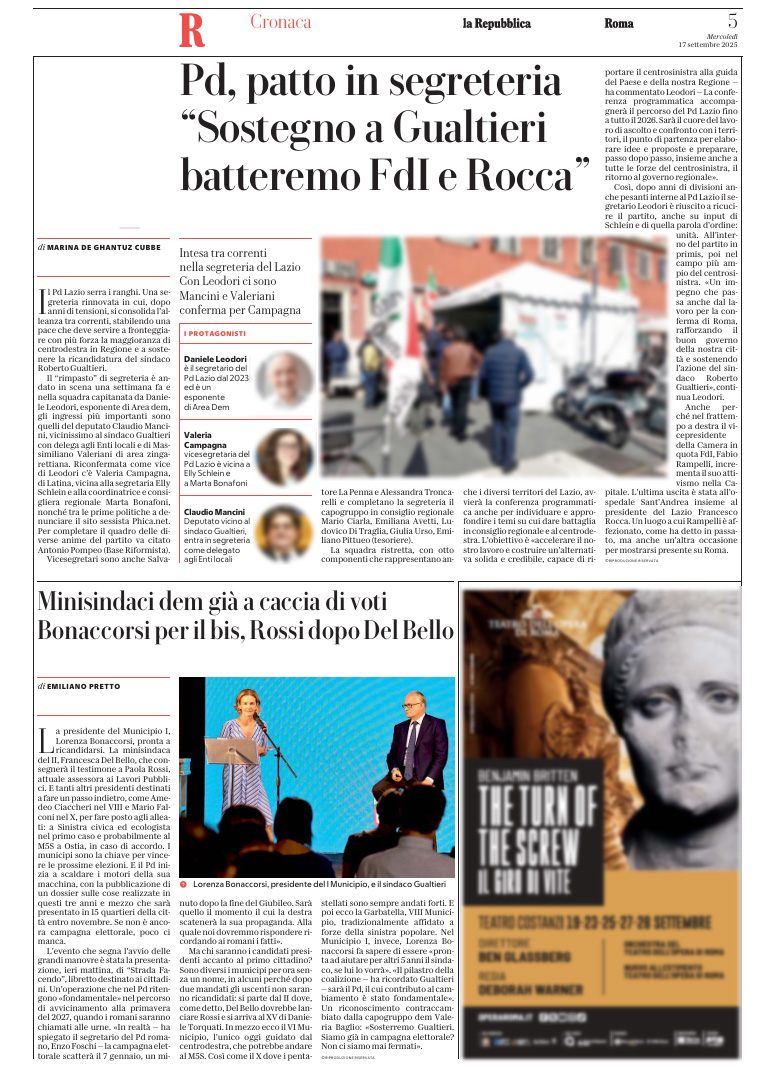Tear sheet - la Repubblica Roma, 17 September 2025